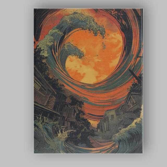 Dramatic Giant Ocean Wave Over Town Graphic Illustration Canvas Wall Art Print Decor Picture Ready To Hang - image 1