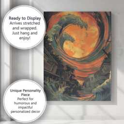 Dramatic Giant Ocean Wave Over Town Graphic Illustration Canvas Wall Art Print Decor Picture Ready To Hang - thumbnail 3