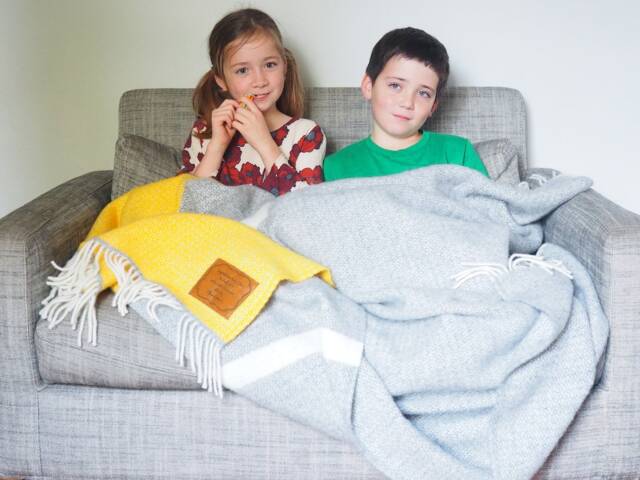 Personalized Wool Throw Blanket Yellow & Grey Stripe, Engraved Leather Patch - image 1