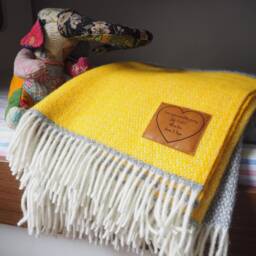 Personalized Wool Throw Blanket Yellow & Grey Stripe, Engraved Leather Patch - thumbnail 3