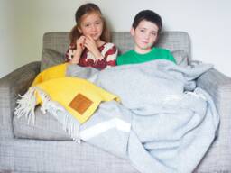 Personalized Wool Throw Blanket Yellow & Grey Stripe, Engraved Leather Patch - thumbnail 1