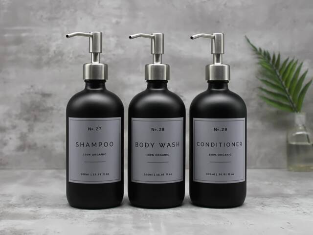 Matte Black Glass Soap Dispenser Refillable Bottle, Silver Metal Pump, Grey Waterproof Label - image 1