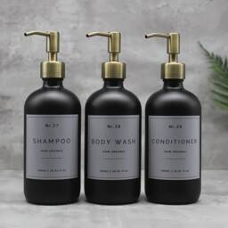 Matte Black Glass Soap Dispenser Refillable Bottle, Silver Metal Pump, Grey Waterproof Label - thumbnail 3