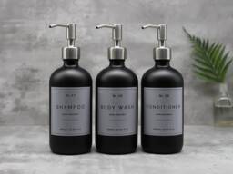 Matte Black Glass Soap Dispenser Refillable Bottle, Silver Metal Pump, Grey Waterproof Label - thumbnail 1