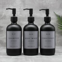 Matte Black Glass Soap Dispenser Refillable Bottle, Silver Metal Pump, Grey Waterproof Label - thumbnail 2