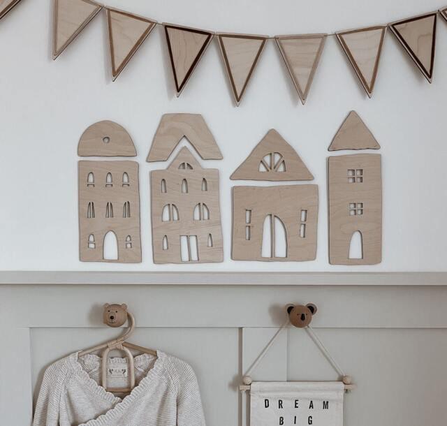 Wooden Scandi Houses - Nursery/Playroom Decor Wall Art Bedroom Laser Engraved UK - image 1