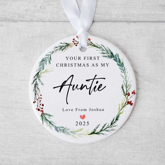Your First Christmas As My Auntie Bauble - Ceramic Winter Wreath Ornament Any Relation Baby Decoration With Personalised Names - image 1