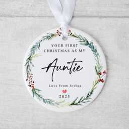 Your First Christmas As My Auntie Bauble - Ceramic Winter Wreath Ornament Any Relation Baby Decoration With Personalised Names