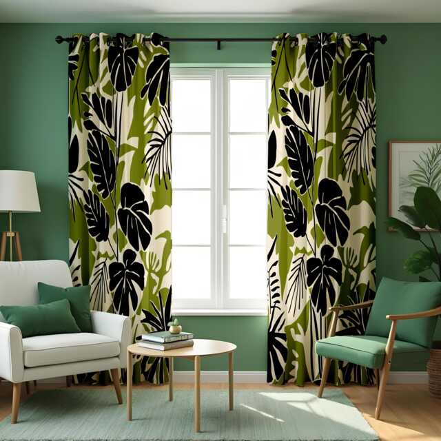 Tropical Leaf Print Curtains, Green & Black Monstera Drapes, Modern Botanical Window Panels, Made To Measure Eyelet Or Rod Pocket Curtains - image 1