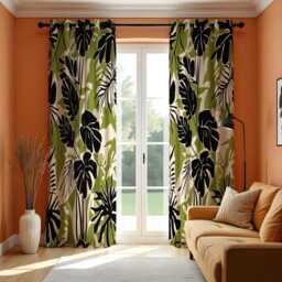 Tropical Leaf Print Curtains, Green & Black Monstera Drapes, Modern Botanical Window Panels, Made To Measure Eyelet Or Rod Pocket Curtains - thumbnail 3