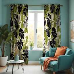 Tropical Leaf Print Curtains, Green & Black Monstera Drapes, Modern Botanical Window Panels, Made To Measure Eyelet Or Rod Pocket Curtains - thumbnail 2