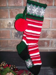 Hand Knit Christmas Stocking Red White Horizontal Stripes Snowflake Border By Santa's Works - thumbnail 1