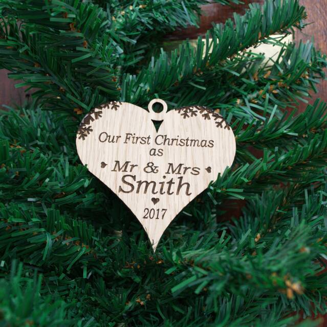 Personalised Mr & Mrs Heart Bauble First Christmas Wooden Ornament - image 1