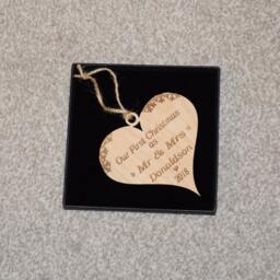 Personalised Mr & Mrs Heart Bauble First Christmas Wooden Ornament - thumbnail 3