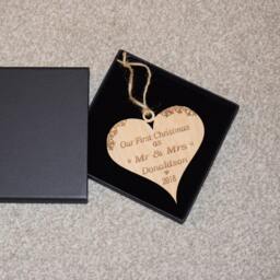 Personalised Mr & Mrs Heart Bauble First Christmas Wooden Ornament - thumbnail 2