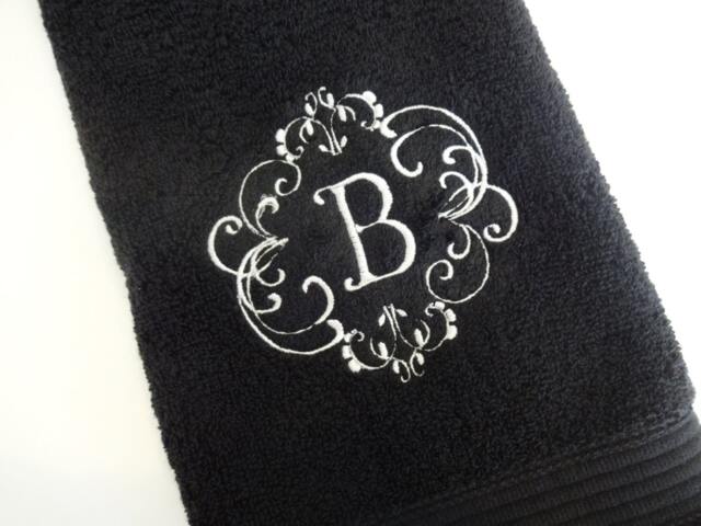 Monogrammed Black Hand Towel Personalized Embroidered Bathroom Decor - image 1