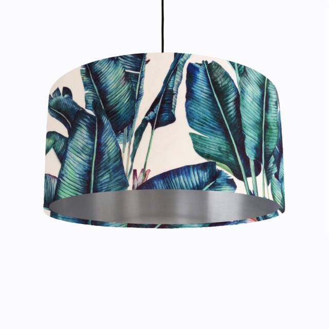 Tropical Leaves Lampshade in White Velvet With Silver Lining, Botanical Lamp Shade - image 1