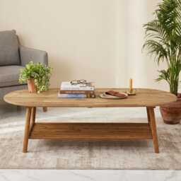 Reclaimed Oval Teak Wood Coffee Table Center Table With Shelf For Living Room