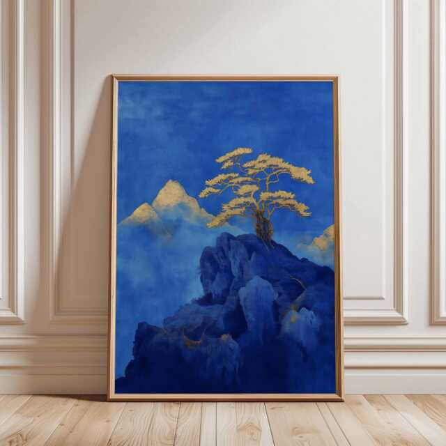 Golden Tree Poster, Blue Mountain Wall Art, Minimal Japanese Landscape Print - image 1