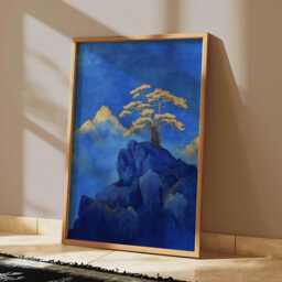 Golden Tree Poster, Blue Mountain Wall Art, Minimal Japanese Landscape Print - thumbnail 2