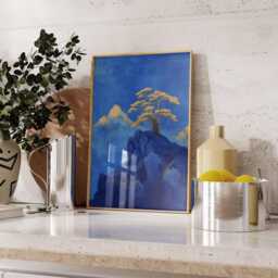 Golden Tree Poster, Blue Mountain Wall Art, Minimal Japanese Landscape Print - thumbnail 3