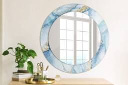 Blue Marble With Gold, Blue, Round Mirror Frame, Colorful, Glass Wall Art, Printed