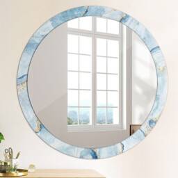 Blue Marble With Gold, Blue, Round Mirror Frame, Colorful, Glass Wall Art, Printed - thumbnail 4