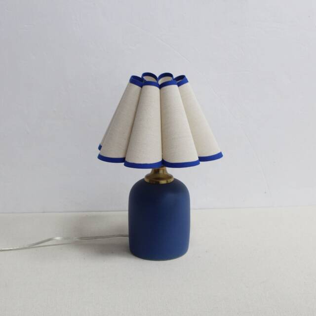 Handmade Scallop Burlap Lampshade With Navy Blue Ceramic Base - image 1