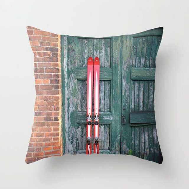 Ski Decor Pillow Or Cover, Red Skis Against Green Weathered Door, Home Winter Decor, Skiing Gifts, Pillows, Lodge Home - image 1