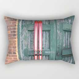 Ski Decor Pillow Or Cover, Red Skis Against Green Weathered Door, Home Winter Decor, Skiing Gifts, Pillows, Lodge Home - thumbnail 2