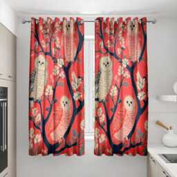Red Owl Curtains, Forest Animal Window Drapes, Whimsical Birds & Tree Branches Curtain Panels, Woodland Themed Kids Room Decor - thumbnail 2