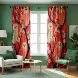 Red Owl Curtains, Forest Animal Window Drapes, Whimsical Birds & Tree Branches Curtain Panels, Woodland Themed Kids Room Decor - thumbnail 3