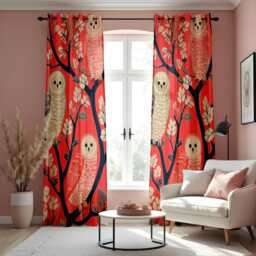 Red Owl Curtains, Forest Animal Window Drapes, Whimsical Birds & Tree Branches Curtain Panels, Woodland Themed Kids Room Decor