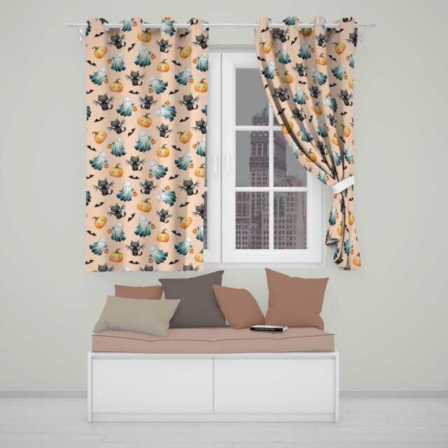 Cute Halloween Ghost Pumpkin Bat Cat Seamless Pattern Light Peach Background Readymade Eyelet Ring Top Thermal 100% Blackout Curtains - image 1