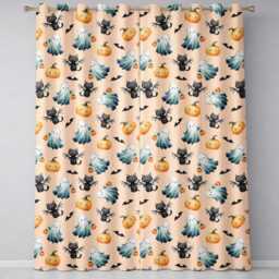 Cute Halloween Ghost Pumpkin Bat Cat Seamless Pattern Light Peach Background Readymade Eyelet Ring Top Thermal 100% Blackout Curtains - thumbnail 2