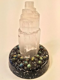 Bejeweled Orgone Selenite Tower Sculpture With Labradorite - thumbnail 1