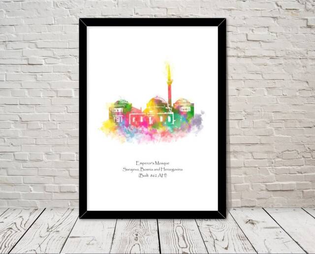 Bosnia & Herzegovina Art Emperor's Mosque Islamic Watercolour Illustration Prints Islamic Wall Gifts Muslim