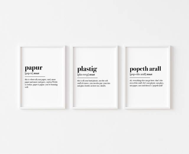 Welsh Prints Set Of 3 - Recycling Utility Room Print Kitchen Wall Art Definition Home Decor