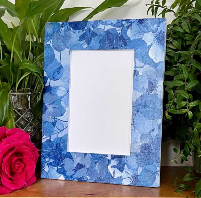 Blue Flowers & Leaves Decoupaged Photo Frame, Floral Shabby Chic Wooden Picture Abstract Decor - image 1