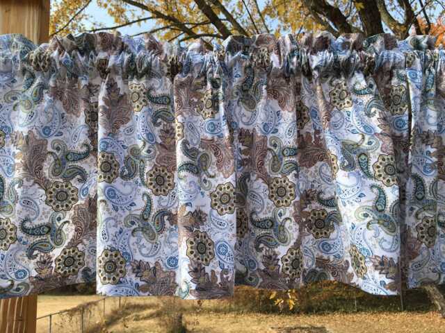 Paisley Kitchen Valance - Floral Brown, Blue, White Farmhouse Country Curtain - image 1