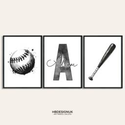 Personalised Baseball Posters - Set Of 3 Prints - Boys Girls Bedroom Decor Custom Base Ball Wall Art Kid Room Kids Artwork Gifts - thumbnail 2