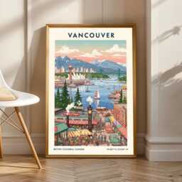 Vancouver Travel Poster - British Columbia Wall Art Print Canadian Cityscape Vintage Style Decor Canada Gift - thumbnail 1