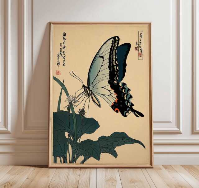 Vintage Butterfly Art Print, Japanese Ukiyo-E Woodblock Poster, Traditional Botanical Kacho-E Wall Decor, Nature Lover Gift - image 1