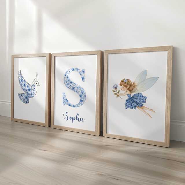 Pink Or Blue Fairy Personalised Set Of 3 Girls Prints, Chinoiserie Custom Name, Coquette Decor Framed Wall Art Gift For Nursery, Bedroom - image 1