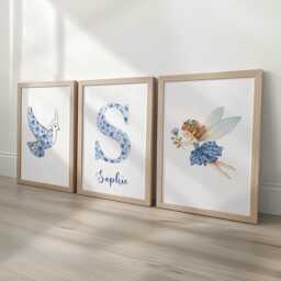 Pink Or Blue Fairy Personalised Set Of 3 Girls Prints, Chinoiserie Custom Name, Coquette Decor Framed Wall Art Gift For Nursery, Bedroom - thumbnail 1