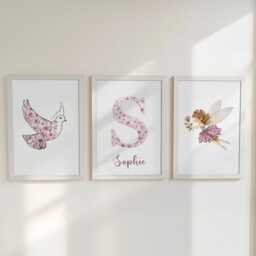 Pink Or Blue Fairy Personalised Set Of 3 Girls Prints, Chinoiserie Custom Name, Coquette Decor Framed Wall Art Gift For Nursery, Bedroom - thumbnail 2