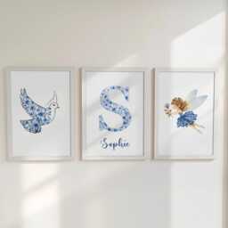 Pink Or Blue Fairy Personalised Set Of 3 Girls Prints, Chinoiserie Custom Name, Coquette Decor Framed Wall Art Gift For Nursery, Bedroom - thumbnail 3
