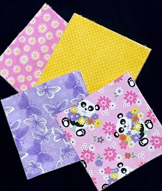 48 Pink Panda Bear, Butterfly, Flower Pre Cut Quilt Blocks, Yellow Purple Pink, Baby Rag Kit Fabric, Child Blanket Flannel - image 1