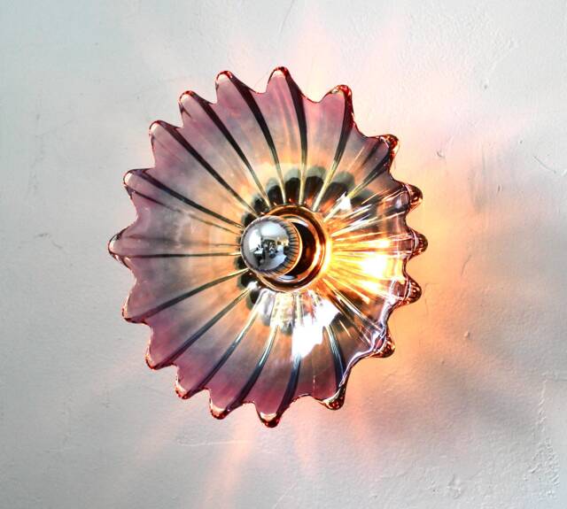 Purple Iridescent Sconce Lamp, Flush Mount Wall Or Ceiling Light Fixture, Upcycled Vintage Federal Glass Celestial Marigold Starburst Bowl - image 1