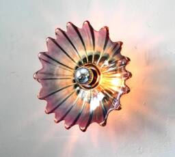 Purple Iridescent Sconce Lamp, Flush Mount Wall Or Ceiling Light Fixture, Upcycled Vintage Federal Glass Celestial Marigold Starburst Bowl
